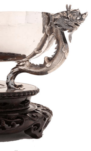 Detail of dragon handles on a chines export silver bowl